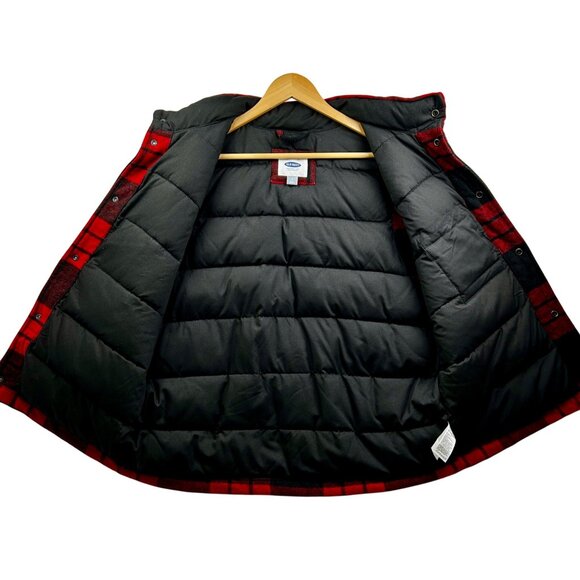 Old Navy Puffer Vest Mens Large Wool Blend Heavyweight Red Black Buffalo Plaid - Picture 5 of 7